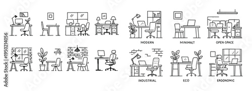 Office icons with desk chair computer modern outline