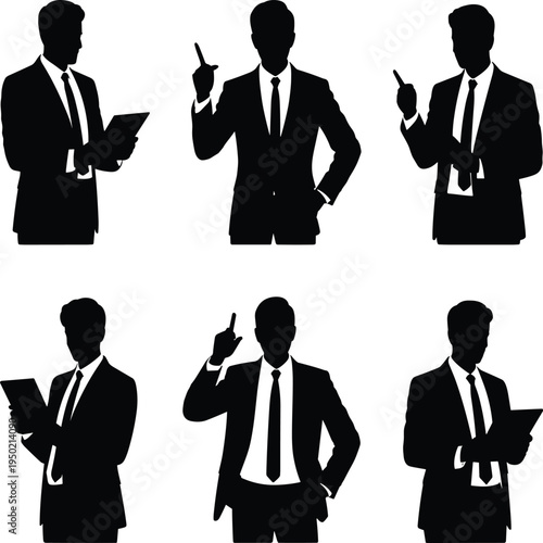 Six black silhouettes of businessmen in suits with different poses and gestures