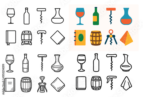 Wine icons with glass bottle corkscrew flat