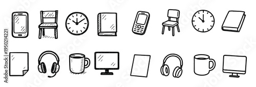 Office icons with phone chair book outline