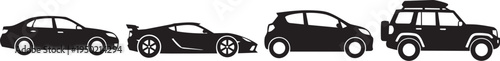 Black silhouette icons of car, sports, suv, and truck in simple vector automotive design.