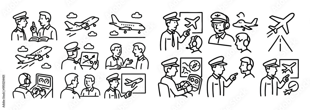 Fototapeta premium Travel icons with pilot airplane passenger outline