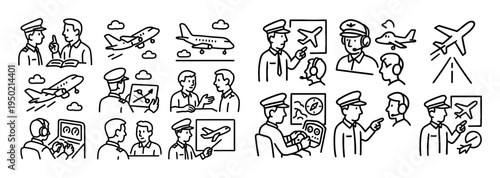 Travel icons with pilot airplane passenger outline
