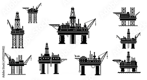 Offshore Oil and Gas Platforms - A Collection of Silhouette Illustrations.