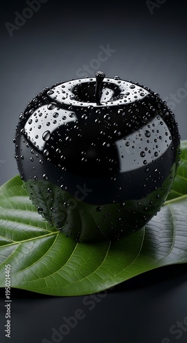 Glossy black fruit covered in water droplets rests upon a large vibrant green leaf