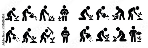 Gardening icons with person plant shovel minimal