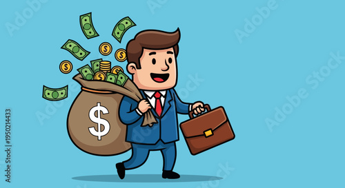 Cartoon businessman carrying a briefcase and a money bag with coins and dollars flying out against a light blue background.