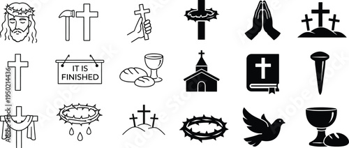 Good Friday line and Black icons in black, including cross, crown of thorns, praying hands, bread and chalice, and other Christian symbols. Simple vector style for religious projects