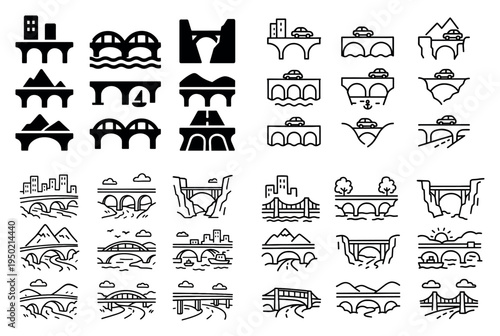 Bridge icons with arch road water outline