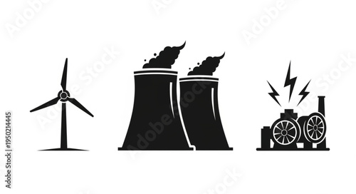 Diverse Energy Sources - Wind Turbine, Nuclear Plant, and Power Station.