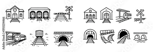 Railway icons with station tunnel tracks outline