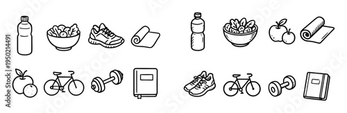 Wellness icons with bottle bowl shoe outline