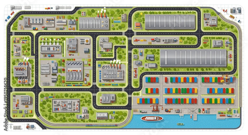 Detailed Industrial Port City Layout with Infrastructure and Shipping.