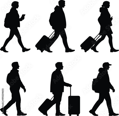 Six black silhouettes of people walking with luggage and backpacks