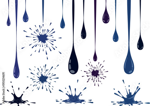 Collection of blue ink splatters and drips, abstract artistic design elements against a white background