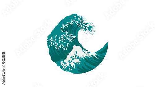 A stylized illustration featuring a crashing wave and mountain against a white background