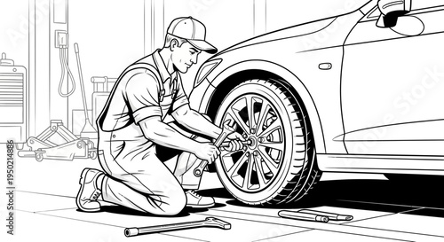 Mechanic Changing a Car Tire in a Workshop.