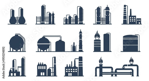Silhouette Illustrations of Industrial Plants and Oil Refineries.