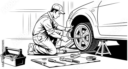 Mechanic changing a car tire with tools laid out.