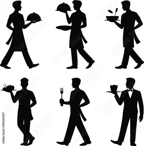 Six black silhouettes of waiters carrying food and drink d