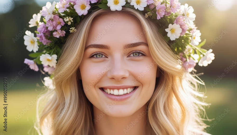 Fototapeta premium A young woman is smiling, wearing a floral crown made of colorful flowers. The woman stands in a bright, sunny outdoor setting with greenery in the background.