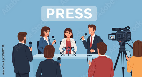 Flat illustration of a press conference with a man and woman speaking at a podium with microphones and a camera