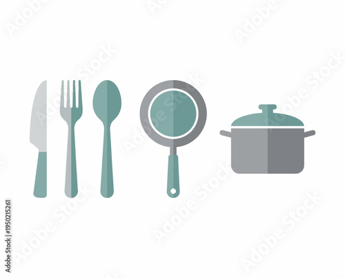 Kitchen utensils and cookware icons.