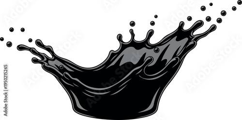 Black liquid splash illustration with droplets, a dark and dynamic fluid explosion with dynamic motion and energy, abstract concept