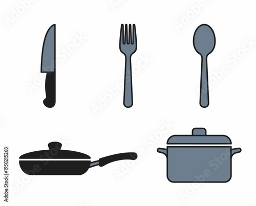 Kitchen utensils and cookware illustration.