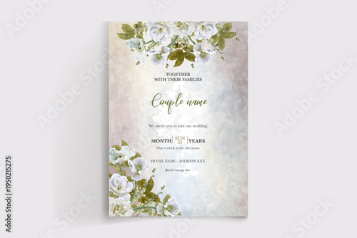 WEDDING INVITATION FRAME WITH FLOWER DECORATIONS AND FRESH LEAVES
