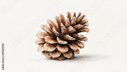a large pine cone, emphasizing its natural texture and shape. The pine cone rests on a plain white background, showcasing its detailed features.