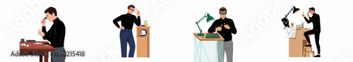 Set of illustrations featuring a professional male jeweler inspecting, repairing, and crafting diamond rings and fine jewelry in a workshop setting.