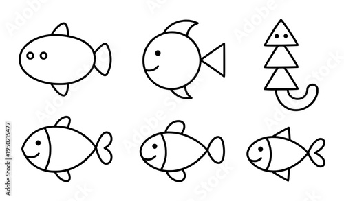 Minimal abstract fish line icon set cute hand drawn marine vector illustration isolated on white background