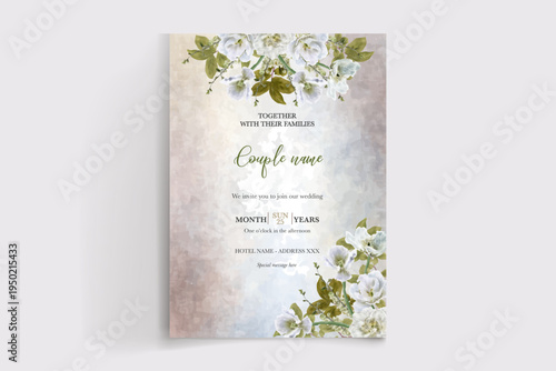 WEDDING INVITATION FRAME WITH FLOWER DECORATIONS AND FRESH LEAVES