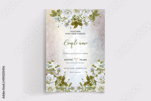 WEDDING INVITATION FRAME WITH FLOWER DECORATIONS AND FRESH LEAVES