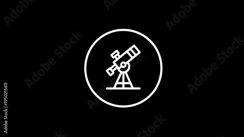 A white outlined telescope icon encased in a white circular border against a stark black background