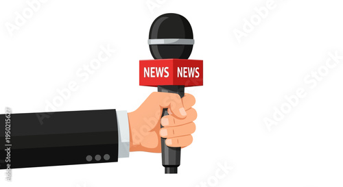 Hand holding a microphone with a news banner on a white background