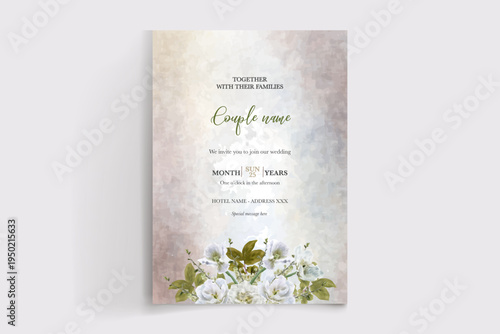 WEDDING INVITATION FRAME WITH FLOWER DECORATIONS AND FRESH LEAVES