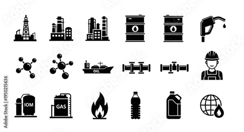 Oil and Gas Industry Icons - Refinery, Barrel, Fuel Nozzle, Molecule, Tanker, Pipeline, Worker, Gas Tank, Flame, Bottle, Can, Globe.