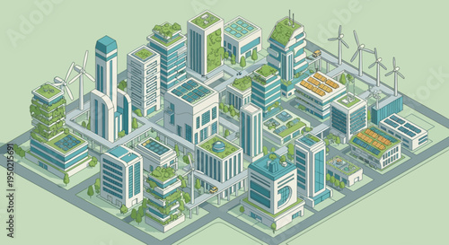 Modern Eco City with Green Buildings and Renewable Energy Sources.
