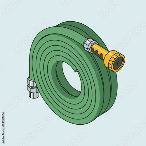 Green Garden Hose with Yellow Nozzle Coiled Neatly.