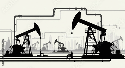 Silhouette of Oil Pumps and Pipelines in an Industrial Landscape.