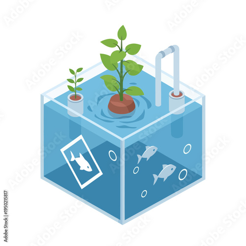 Isometric Aquaponics System with Fish and Plants.