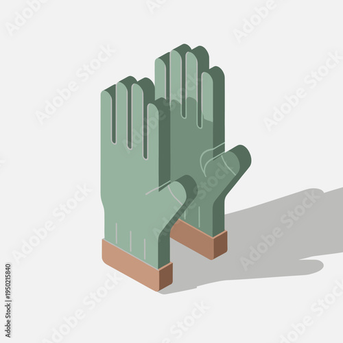 Isometric illustration of a pair of green work gloves with brown cuffs.