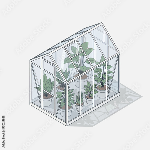 Isometric illustration of a small glass greenhouse with potted plants inside, casting a shadow.