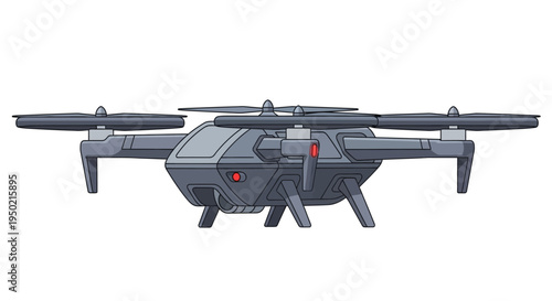 Modern military drone with four propellers on white background.