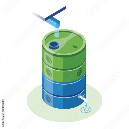 Rainwater Harvesting System with Green and Blue Barrels.