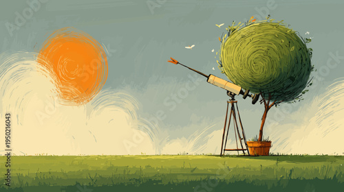 Whimsical illustration a telescope aimed at a spherical tree, with the sun and a grassy field