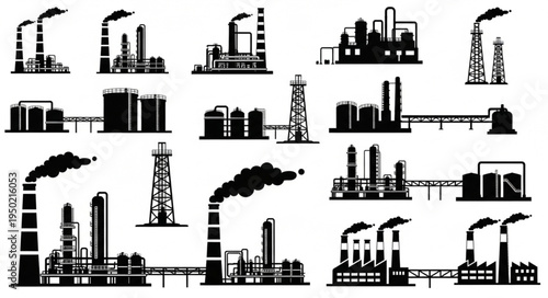 Silhouetted Industrial Factories and Plants with Chimneys and Smoke.