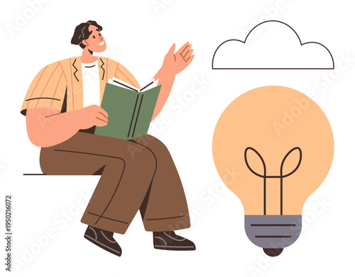 Education, creativity, innovation, idea generation, inspiration, and knowledge. A man reading a book while gesturing, with a large light bulb and a cloud above. Creativity and innovation concept